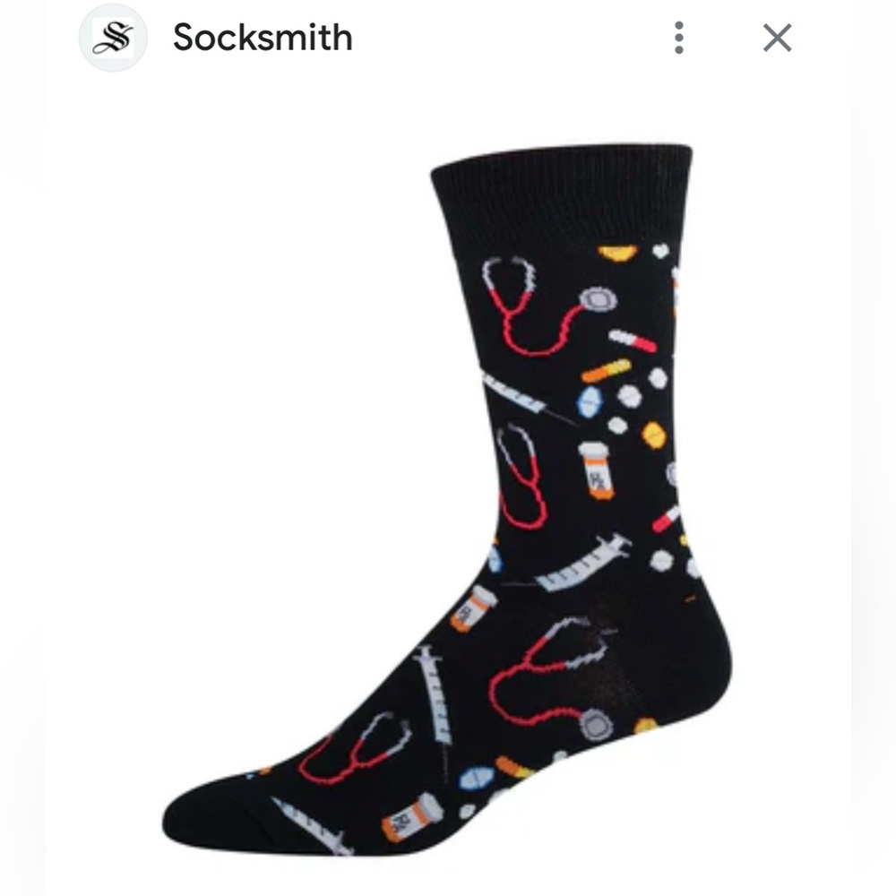 NWT Sock Smith Men's Medical Themed Black Socks. Shoe Sz. 7-12.5. Doctors Nurses